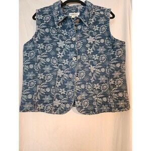 Coldwater Creek Vest STRETCH DENIM Size L Jacquard FLORAL EMBROIDERY Embroidered